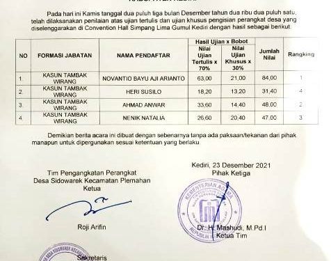 Hasil pengumuman ujian pengisian perangkat desa pada Kamis, 23 Desember 2021 (istimewa)