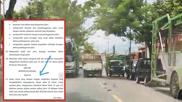 Suasana bongkar muat di Jalan Semeru dan insert UU RI Nomor 2 Tahun 2022 tentang jalan (istimewa)