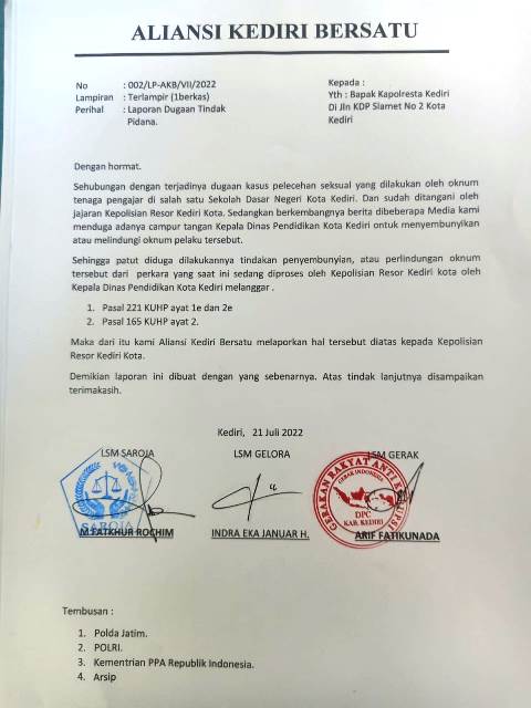 Kasus Pelecehan Seksual Berbuntut, Aliansi Kediri Bersatu Laporkan Oknum Guru dan Kadisdik Kota Kediri ke Polisi Kasus Pelecehan Seksual Berbuntut, Aliansi Kediri Bersatu Laporkan Oknum Guru dan Kadisdik Kota Kediri ke Polisi