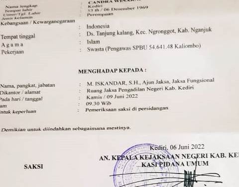 Butki surat panggilan sebagai saksi dikeluarkan Kejari Kabupaten Kediri (istimewa)