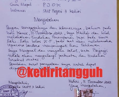 Surat pernyataan dibuat Eko Hari Abrianto, guru olahraga SMP Negeri 3 Kota Kediri diketahui Maryono selaku kepala sekolah (istimewa)
