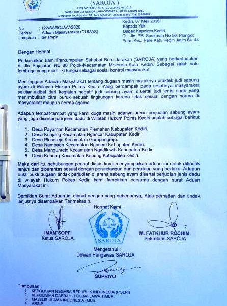LSM Saroja Bongkar Dugaan Arena Sabung Ayam di Enam Lokasi Kediri, Singgung Keterlibatan Oknum Aparat