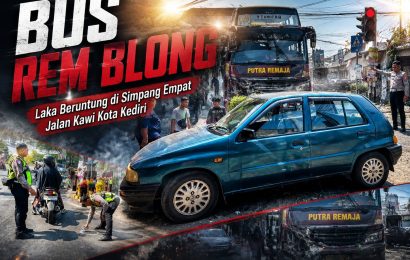 Diduga Rem Blong, Bus Putra Remaja Tabrak Motor dan Sedan di Simpang Empat Jalan Kawi Kediri