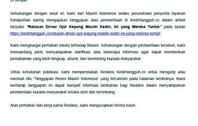 Maxim Indonesia Sampaikan Klarifikasi atas Pemberitaan Aksi Driver Ojol di Kediri. Maxim Indonesia Sampaikan Klarifikasi atas Pemberitaan Aksi Driver Ojol di Kediri.