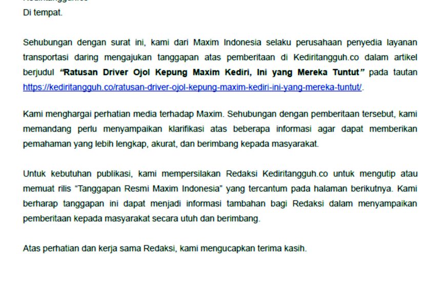 Maxim Indonesia Sampaikan Klarifikasi atas Pemberitaan Aksi Driver Ojol di Kediri.